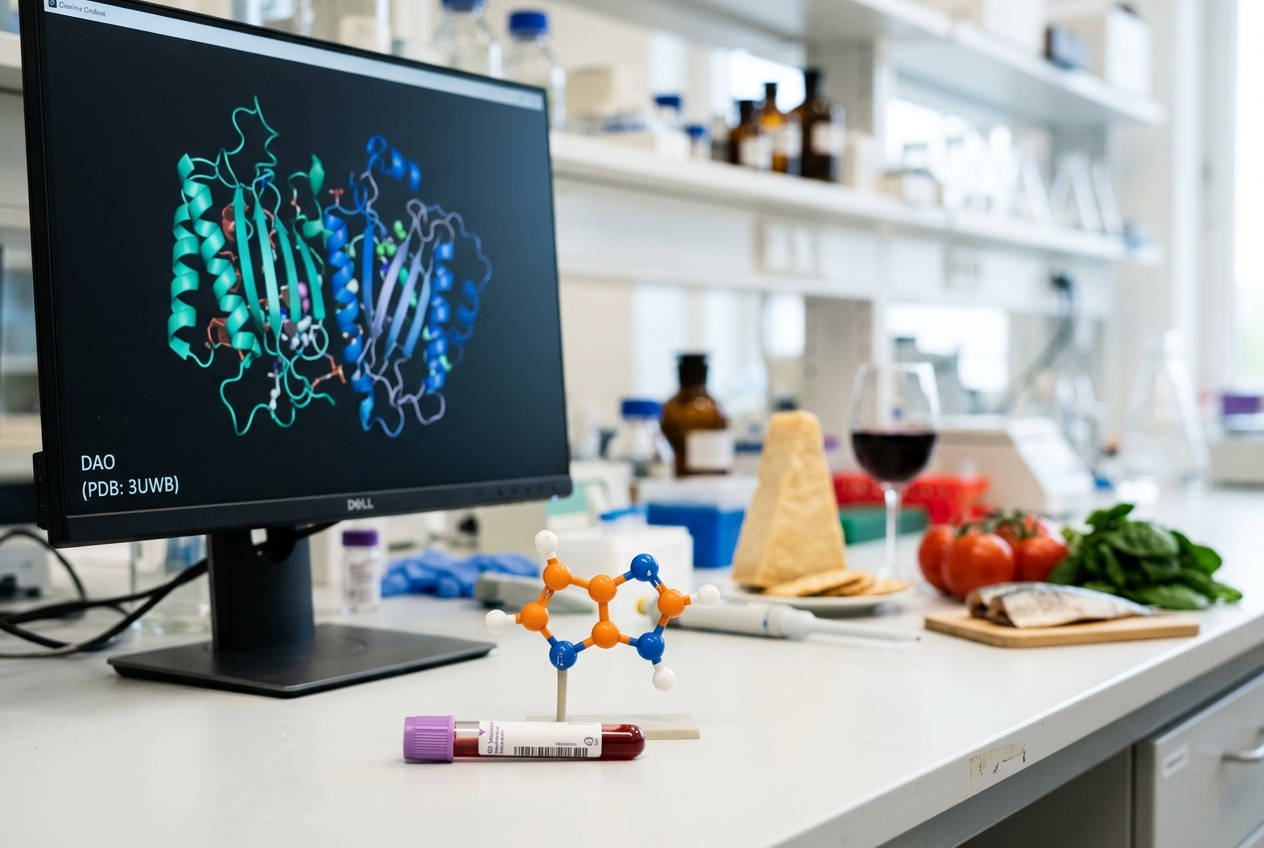 Provetta di sangue e struttura dell'enzima DAO con alimenti ricchi di istamina